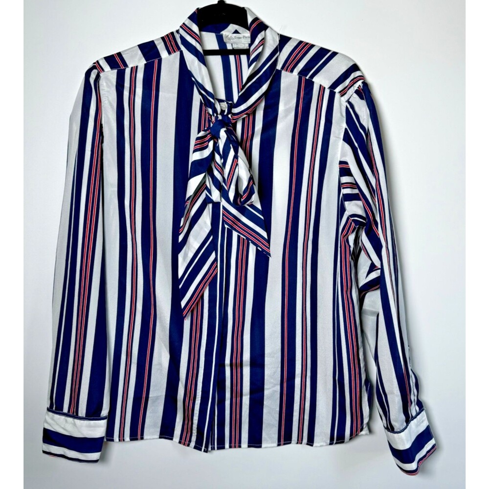 Vintage‎ Evan Picone Neck Bow Blouse Womens 14 Striped Blue Red White Union Made